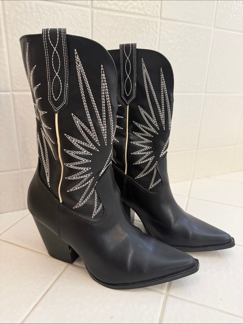 Black Embroidered Western Heeled Boots